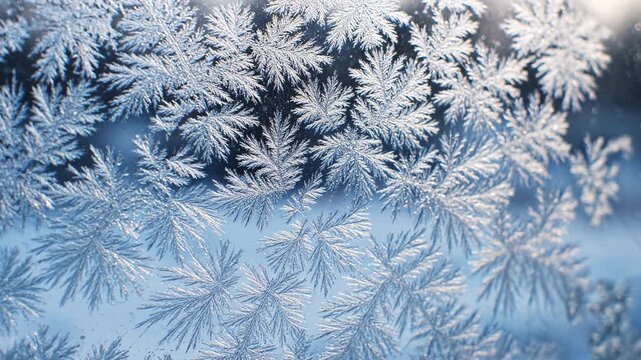 Delicate frost patterns showcase intricate designs on windows, revealing shimmering ice crystals against blurred blue backdrop, capturing serene beauty of winters cold nature artistry