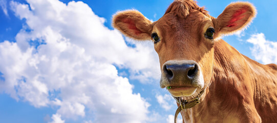 Panoramic view of brown cow with cute eyes against blue sky with clouds, close-up, looking at camera. Banner