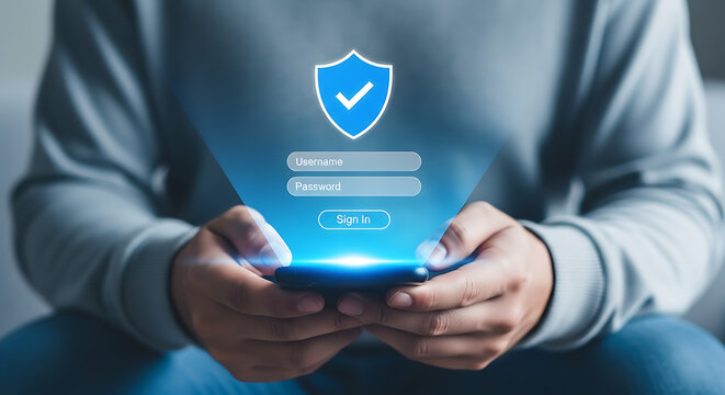 Man using smartphone with login form and shield icon for secure access