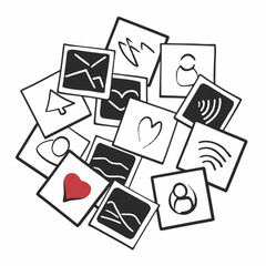 Minimilist collection of square cards with various hand drawn icons and one red heart arranged randomly together vector