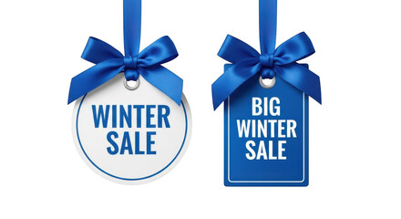 Winter sale tags with blue ribbon and bow isolated on transparent background