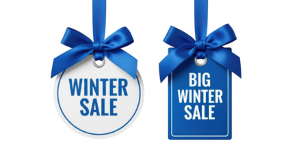 Winter sale tags with blue ribbon and bow isolated on transparent background