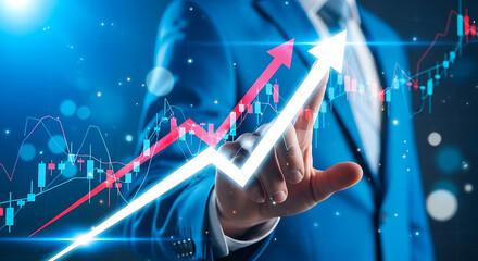 Businessman pointing at financial growth graph, symbolizing success in business
