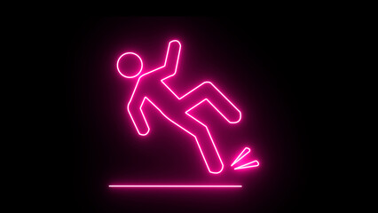 Illustration of a vibrant pink neon silhouette of a person slipping on a wet surface, depicted midfall with water droplets splashing, against a dark background, signifying accidents and hazards
