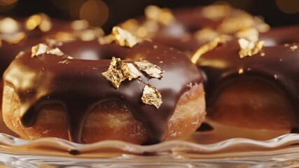 A delectable close-up of gourmet chocolate glazed doughnuts elegantly decorated with shimmering edible gold flakes on a glass platter - Powered by Adobe