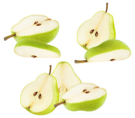 ripe green pears sliced, showcasing white flesh, small seeds, and juicy texture, suitable for culinary designs, healthy food promotions, and organic food marketing themes