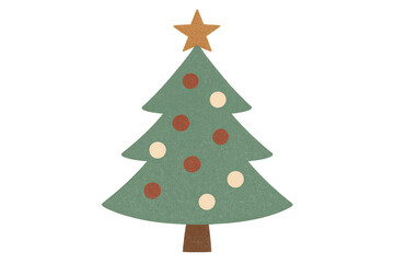 Fototapeta premium Stylized christmas tree illustration with a star topper and round ornaments, cut from textured paper, on a transparent background