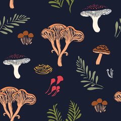 Seamless pattern of autumn mushrooms herbs and leaves in warm earthy tones