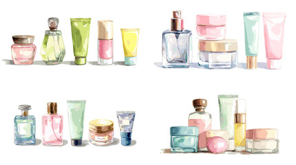 Watercolor illustration of skincare and cosmetic bottles, jars, and tubes. Elegant beauty product design for spa, self-care, and skincare packaging themes.