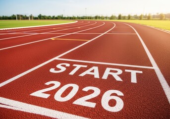 Athletic track with start line and the year 2026