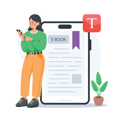Student reading educational ebook on smartphone, flat concept illustration