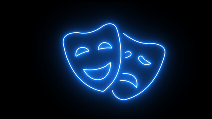 Illustration of two neon blue theater masks, one happy and one sad, glowing against a black background, representing drama, acting, and emotions