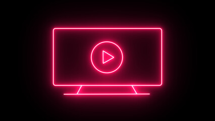 Illustration of a vibrant pink neon outline of a modern computer monitor displaying a play button icon within a circle, signifying online video and media playback