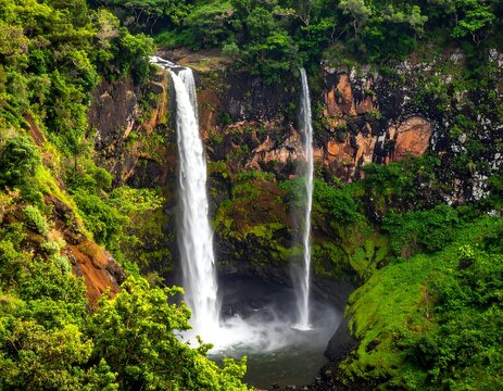 Twin waterfalls cascading into a rocky gorge, lush greenery surrounds
