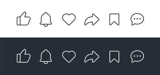 Social Media Interface Icons Set. Like, Notification, Heart, Share, Save, and Comment Symbols.