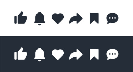 Social Media Interface Icons Set. Like, Notification, Heart, Share, Save, and Comment Symbols.