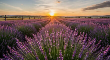 Naklejka premium Close-up View of Lavender Flower Rows at Sunset with Fence and Hills