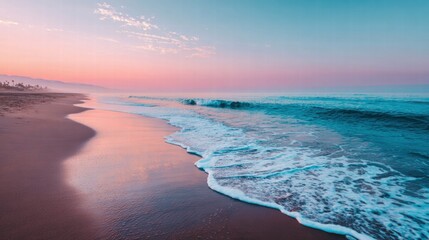 The sun paints the sky with soft pink and blue hues over the tranquil ocean.