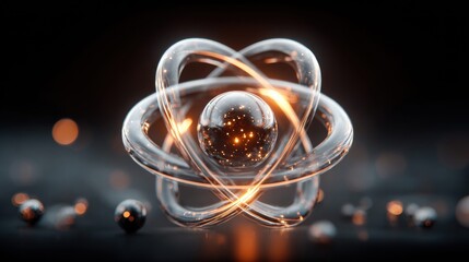 A stunning 3D rendering of an atom showcases scientific and artistic elements.