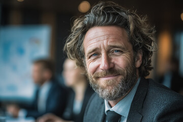 Mature and younger professionals collaborate in the office, with an older leader leading the way, emphasizing teamwork across generations.