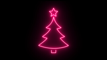 Illustration of a bright pink neon outline of a christmas tree, complete with a star on top and a base, set against a dark black background, evoking festive holiday cheer