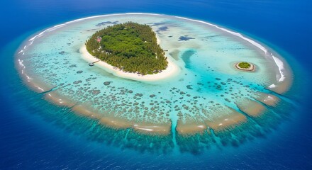 Aerial View of a Tropical Coral Atoll Island in the Maldives