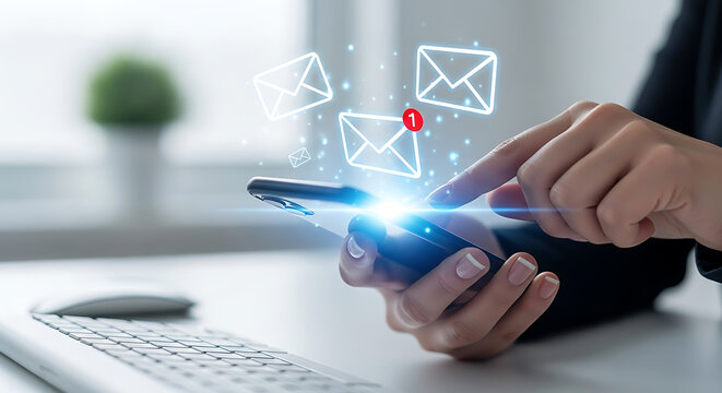 Woman using smartphone to check email, receiving new message notification