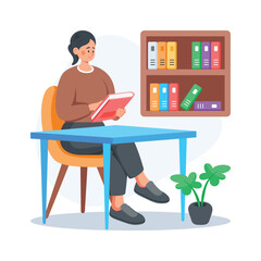 Flat illustration of female student reading book in library, concept vector