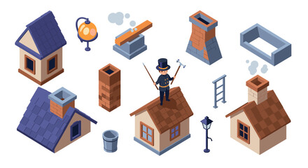 Isometric chimney sweeper scene with houses and roof elements in modern style