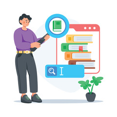 Flat illustration of a Student searching and selecting online study resources