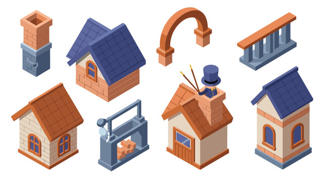 Isometric architectural elements with classic and modern styles