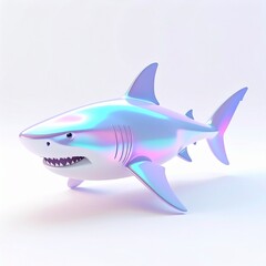 Obraz premium Requin 3D nacré brillant sur fond blanc, style cartoon minimaliste, rendu réaliste et coloré avec reflets irisés holographiques