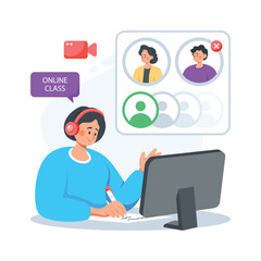 Flat illustration of student attending online lecture with headphones