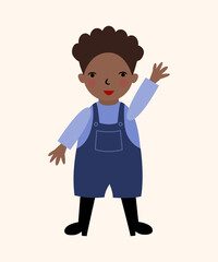 Little curly haired boy waving, cute kid illustration.