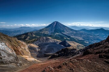 Stunning Vista of Paricutin Volcano: A Majestic Crater Surrounded by Lush Landscape and Snow-Capped Peaks in San Juan, Michoacan, Mexico