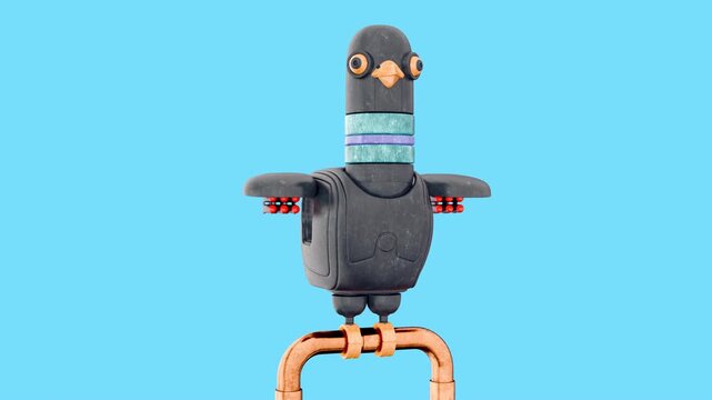 Mechanical funny bird pigeon in realistic cartoon style. 3d animation concept art character robot.