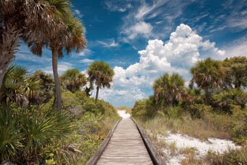 Tranquil Pathway: Lush Wooden Footpath Leading to a Sunlit Beach Surrounded by Palm Trees at Honeymoon Island State Park, Florida, USA
