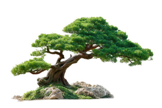 Ancient, meticulously shaped bonsai tree on rocky base