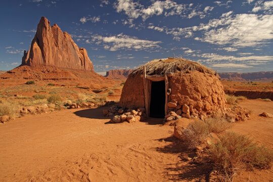 Traditional Navajo Hogan Surrounded by Monument Valley's Majestic Landscape in Arizona and Utah