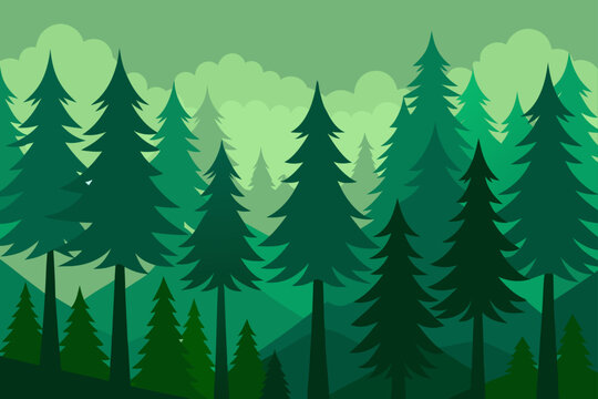 A layered illustration of a dense conifer forest in various shades of green creating a volumetric parallax effect with stylized pine trees and a backdrop of misty background clouds.