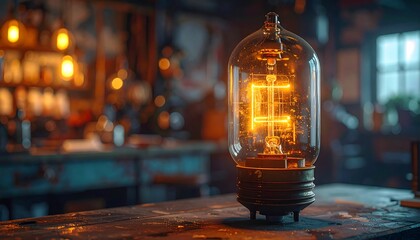 Vintage lightbulb with glowing letter in a workshop setting