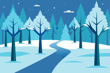 Winter monochrome vector illustration of a cold seasonal forest landscape with snow covered pine trees and bare deciduous trees along a winding blue path at night.