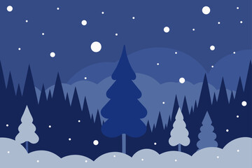 Stylized vector illustration of a dark blue winter night forest landscape with silhouettes of pine trees and falling snow, creating a peaceful, cold seasonal scene