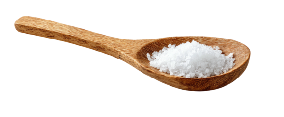 A wooden spoon holds a pile of coarse white salt