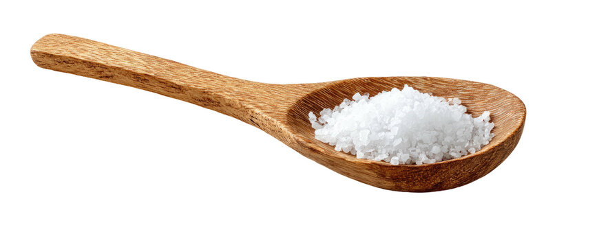 A wooden spoon holds a pile of coarse white salt