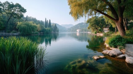 Fototapeta premium Serene Lake with Lush Green Reeds and Trees Under Clear Blue Sky Reflecting Calm Water Peaceful Natural Landscape