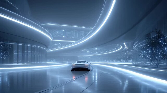 Futuristic Car Driving on a Tech-Inspired Highway