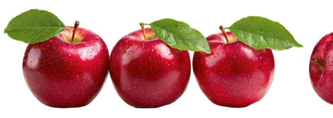 Four glossy red apples with green leaves lined up