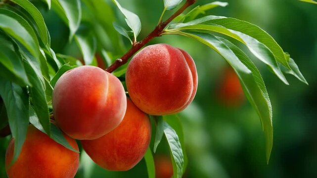 Ripe juicy peaches on tree branch with lush green leaves in sunlit orchard