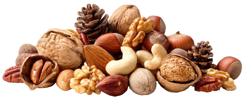 A varied assortment of shelled and unshelled nuts and pine cones